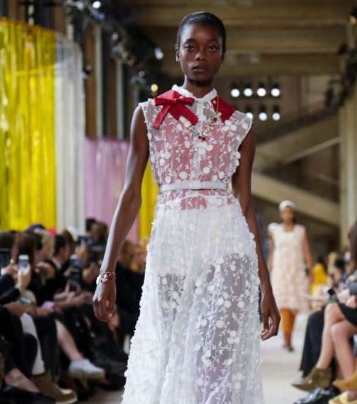 فستان طويل بالاقمشة الشفافة المطرزة من توقيع علامة Miu Miu