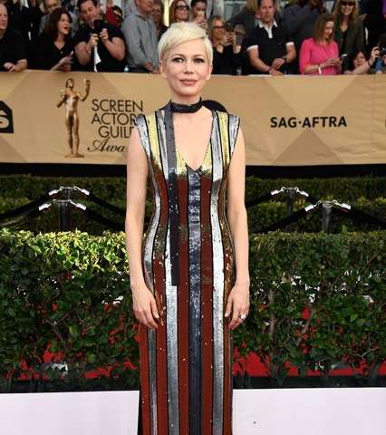 ميشيل ويليامز بفستان مقلم بالترتر من لويس فويتون في حفل SAG Awards 2017